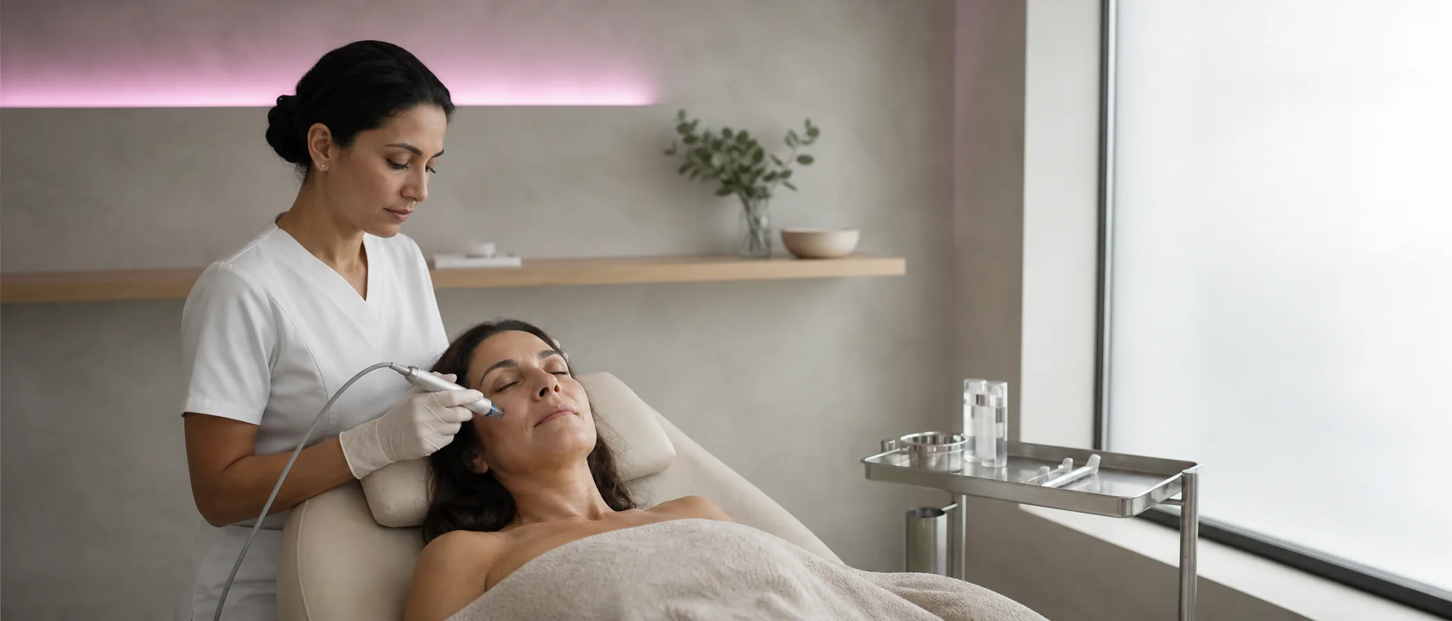 Clinician performing a microneedling treatment on a patient in a private treatment suite.