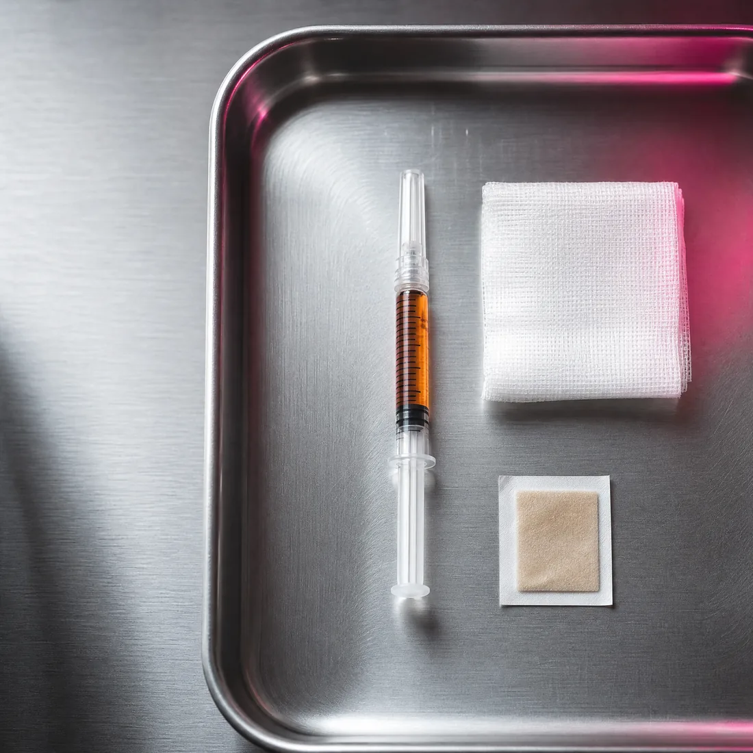 Sterile stainless tray holding a prepared syringe, folded gauze, and an antiseptic swab.