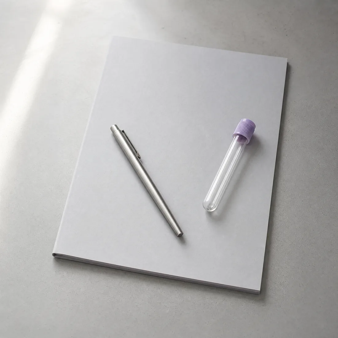 Protocol file, steel pen, and a single capped blood collection tube on a pale surface.