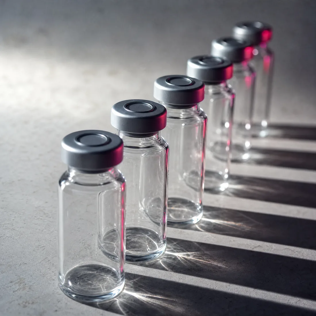Row of unlabeled clear glass vials with crimped aluminium caps on a pale limestone surface.