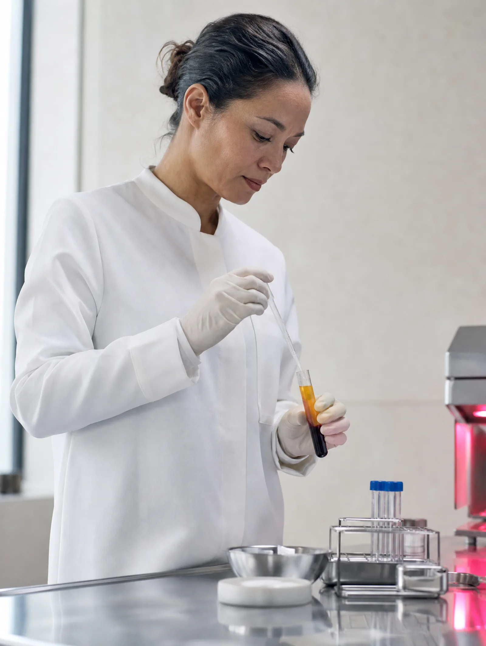 Clinician in a Las Vegas regenerative aesthetics laboratory preparing a platelet-rich plasma sample under sterile conditions.