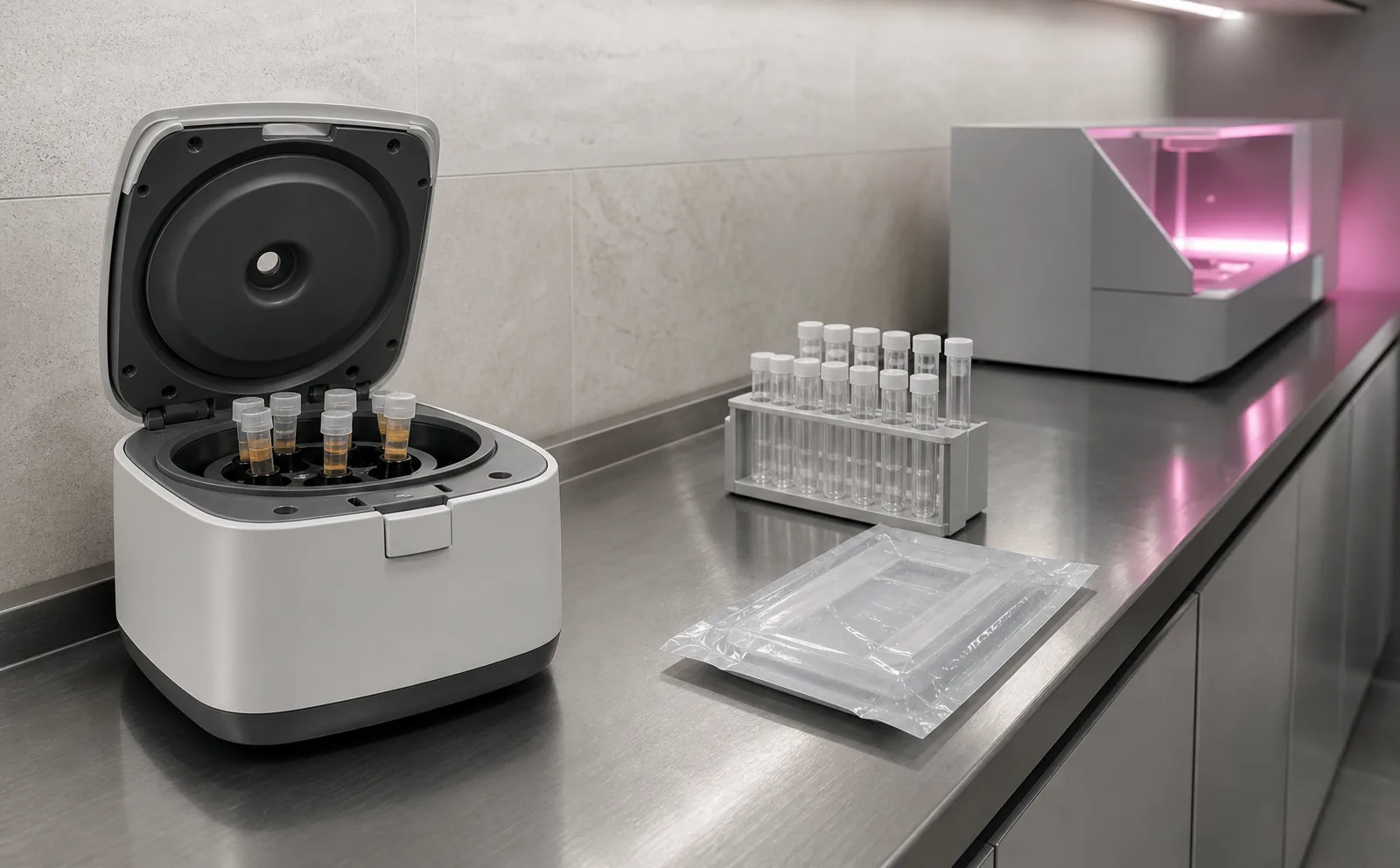 Sterile laboratory bench with a centrifuge and labeled sample tubes under clean-room lighting.