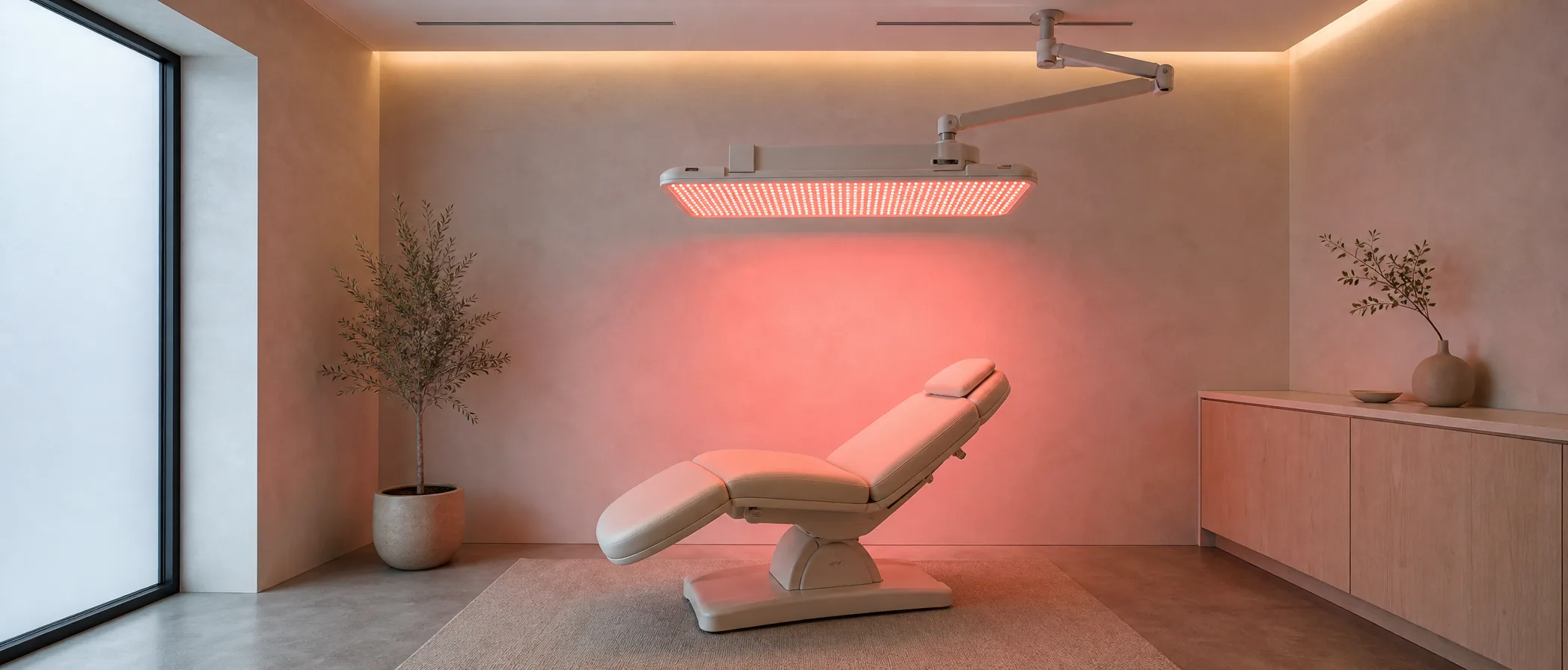 Private treatment suite with a red light therapy panel and integrated ceiling speaker array.